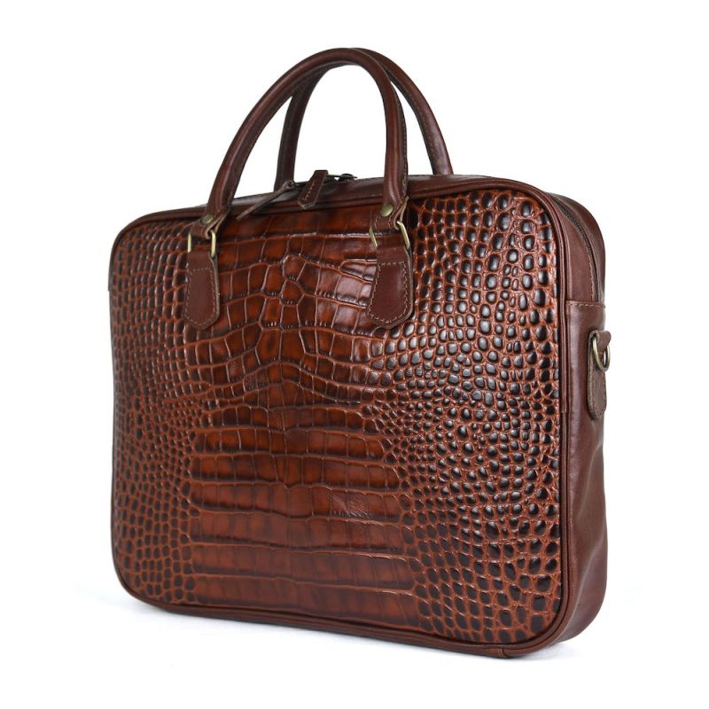 Kožená pracovná cestovná taška s dezénom krokodíla v hnedej farbe