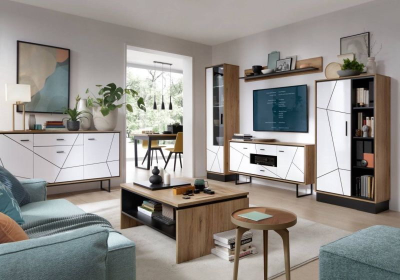 Moderný nočný stolík, dub catania-čierna perla-biely lesk