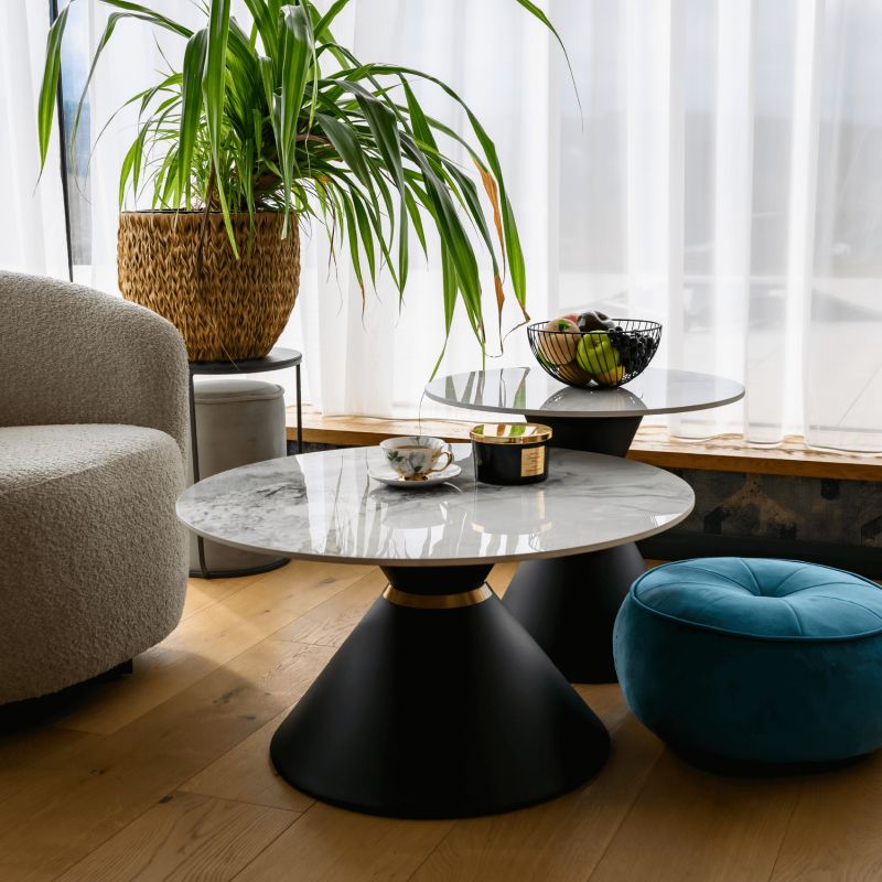 Konferenčné stolíky, set 2 okrúhlych, biely mramor-čierna-zlatá