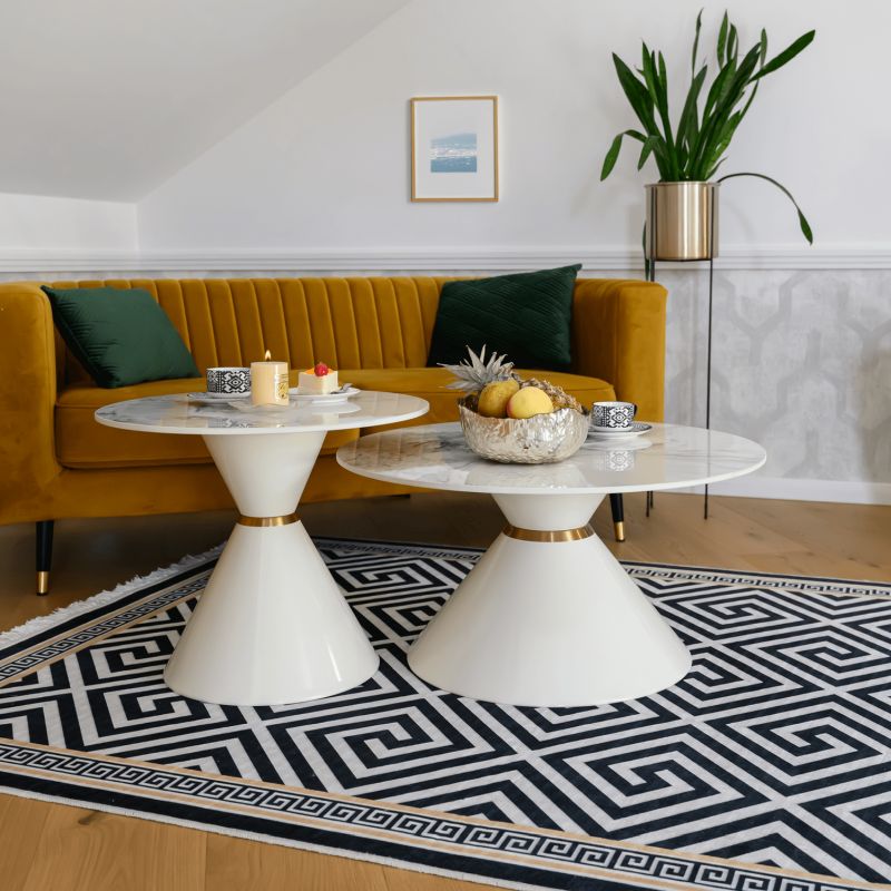 Konferenčné stolíky, set 2 okrúhlych, biely mramor-biela-zlatá