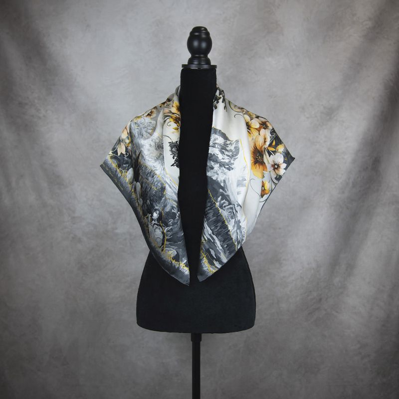 Módna hodvábna šatka VYSOKÉ TATRY - SIVÉ, 90 x 90cm