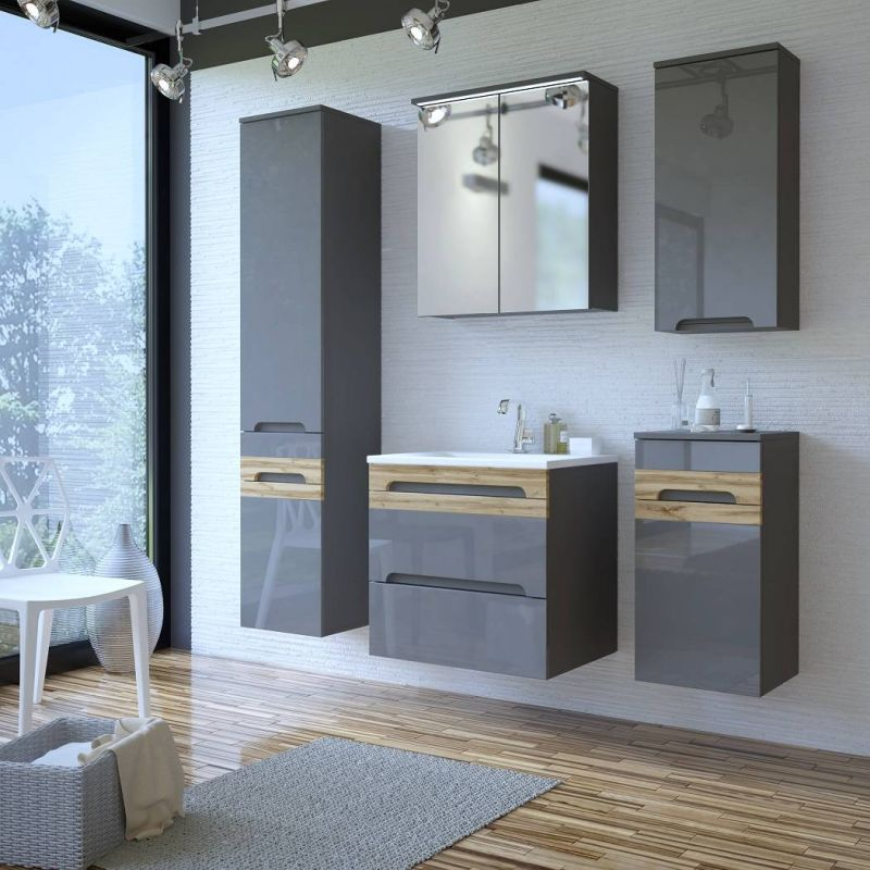 Kúpeľňová skrinka 824 sivý vysoký lesk/dub wotan