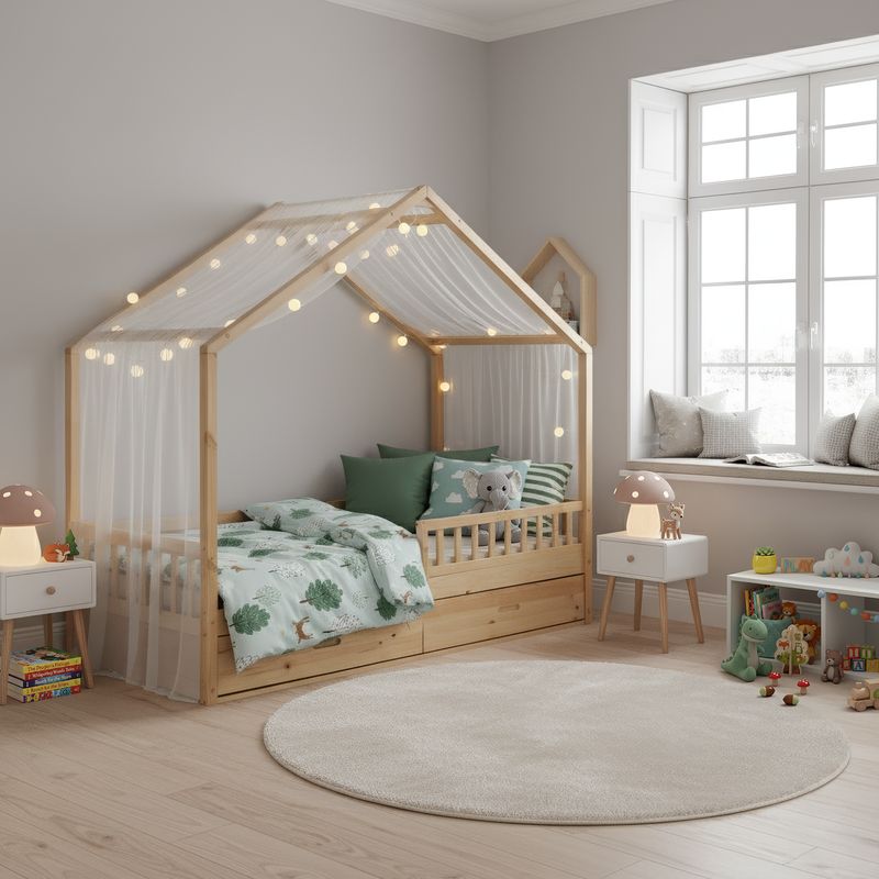 Pohodlná montessori posteľ v tvare domčeka, 90x200, prírodná, masív