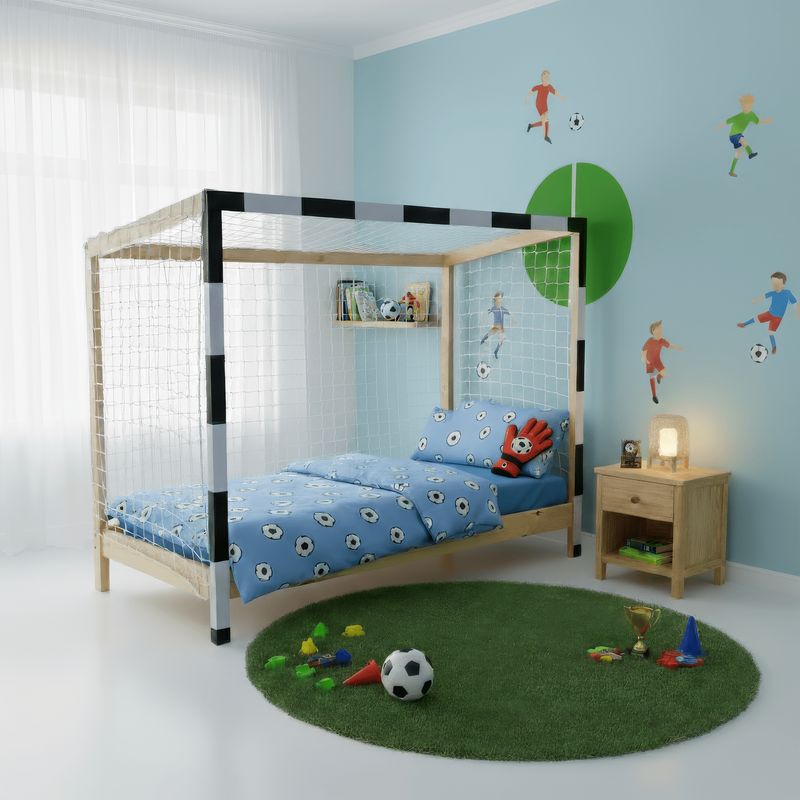 Montessori posteľ v tvare futbalovej brány 90x200, prírodná-biela-čierna