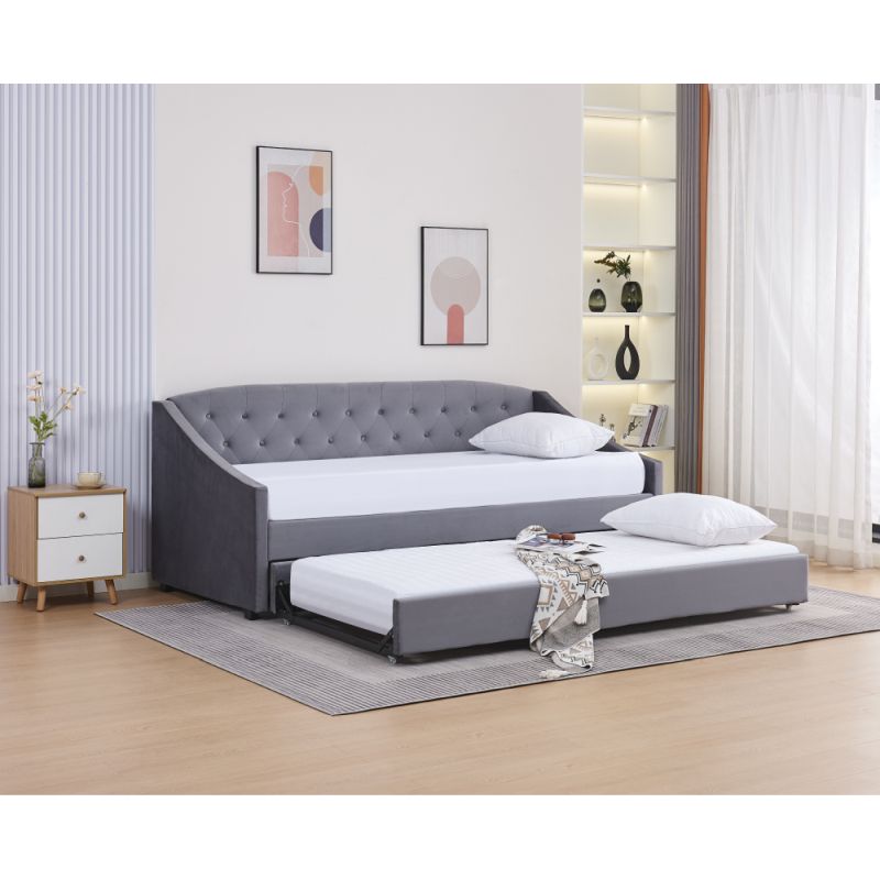 Rozkladacia posteľ s prístelkou, čalúnená látkou v sivom prevedení