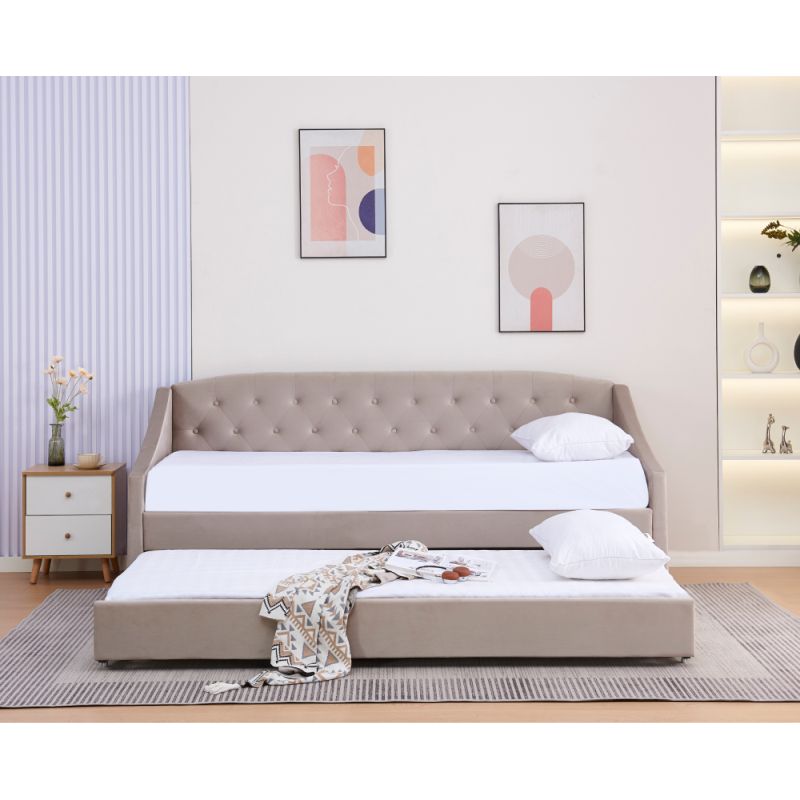 Rozkladacia posteľ s prístelkou, čalúnená látkou v prevedení hnedosivá Taupe