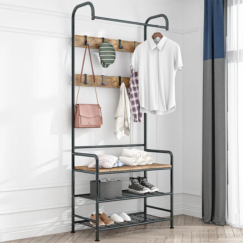 Vešiak s botníkom, čierny kov-MDF rustikálne drevo