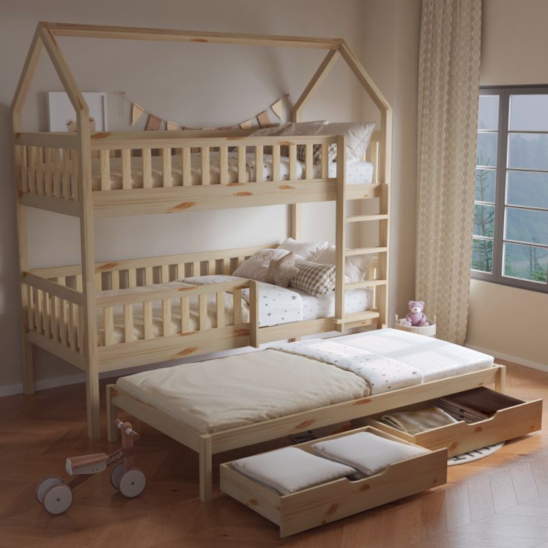 Poschodová posteľ v tvare domčeka s prístelkou, prírodná
