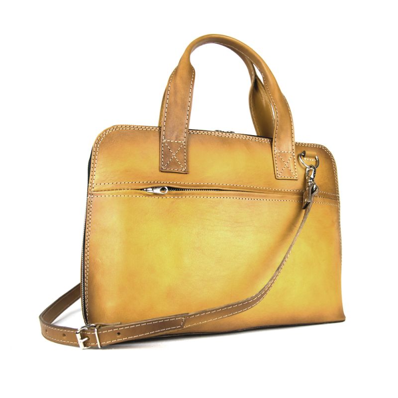 Dámska kožená kabela vhodná na formát A4, ručne tieňovaná, tmavo žltá farba
