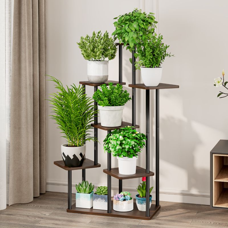 Kovový stojan na kvety, čierny-rustikálne drevo