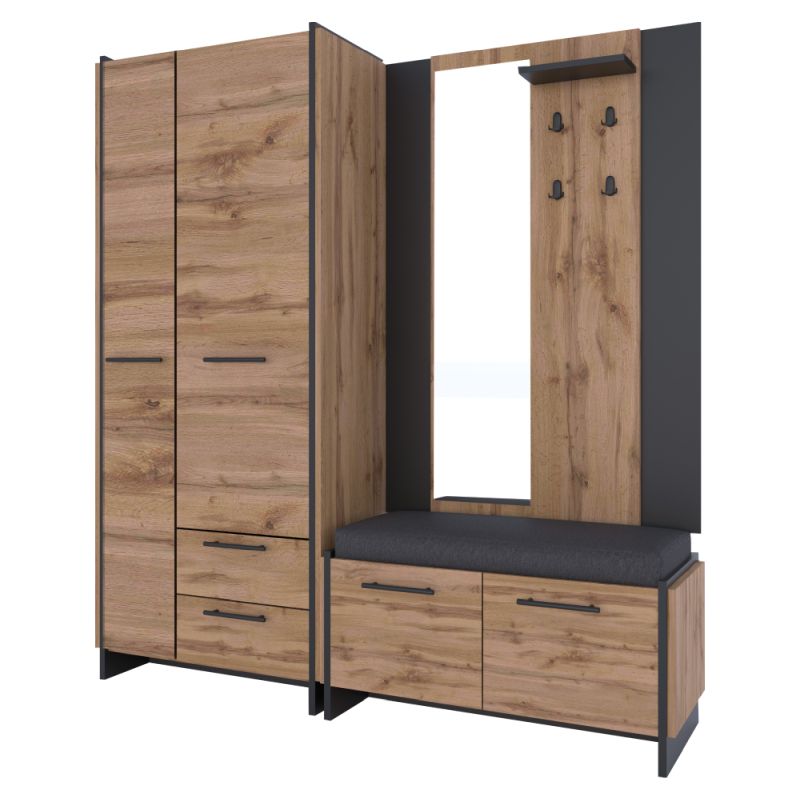 Vešiakový panel so zrkadlom, dub wotan-čierna