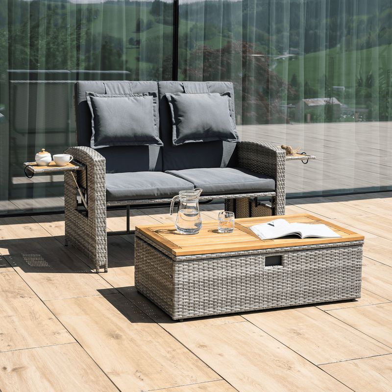 Záhradná ratanová pohovka s úložným priestorom, sivá-prírodná