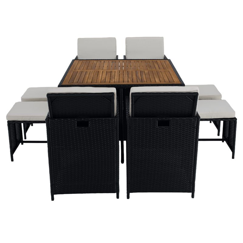 Záhradný ratanový set, akáciové drevo, čierna-krémová-prírodná