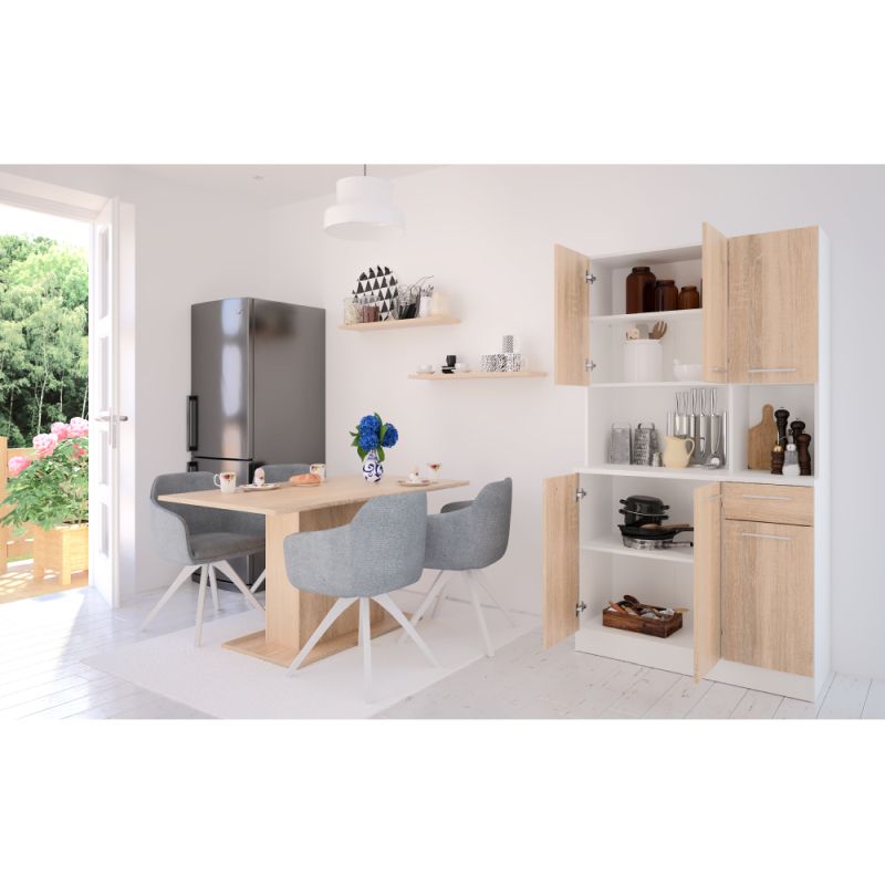 Šesťdverový kredenec, biela-dub sonoma