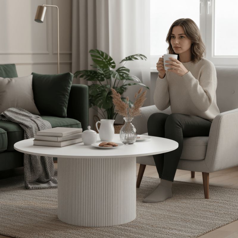 Originálny okrúhly konferenčný stolík, biely mramor-MDF, priemer 80