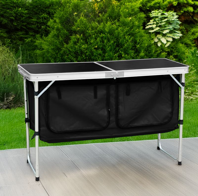 Skladací kempingový stôl s organizérom, 120 cm, hliník-MDF