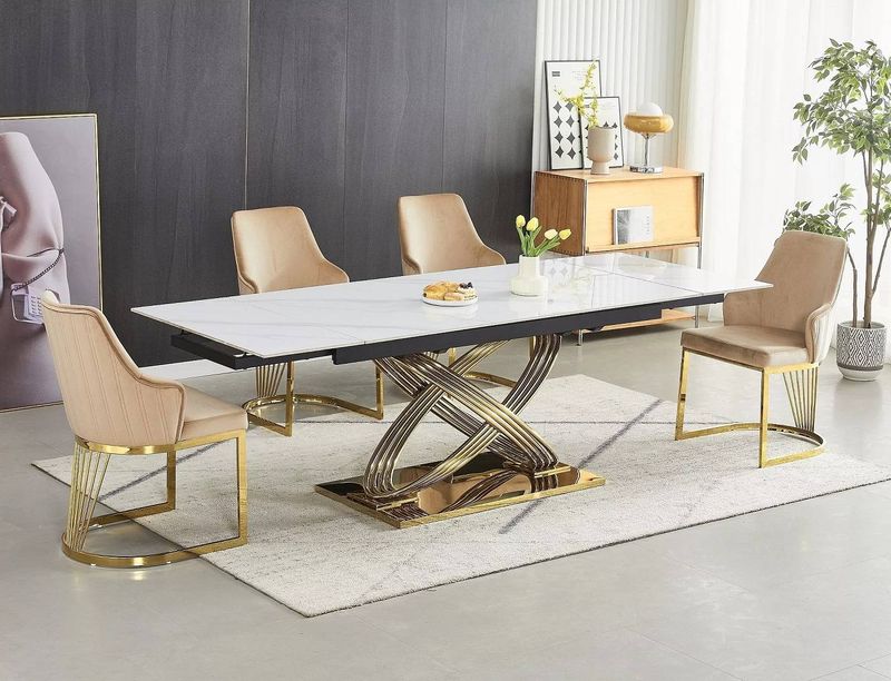 Nadčasový jedálenský stôl rozkladací, zlatá-biela keramika efekt mramoru