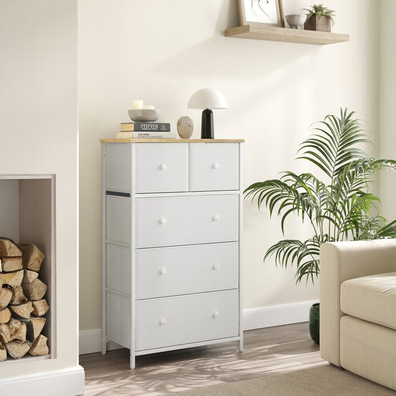 Komoda s 5 látkovými zásuvkami, biela-buk