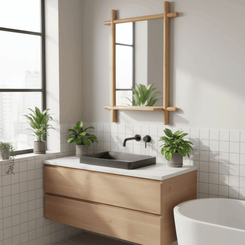 Nástenné bambusové zrkadlo s policou 55x74 cm, prírodné