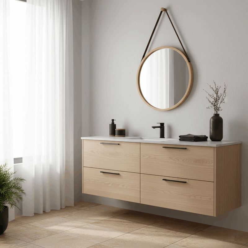 Okrúhle bambusové nástenné zrkadlo 45 cm s koženým závesom