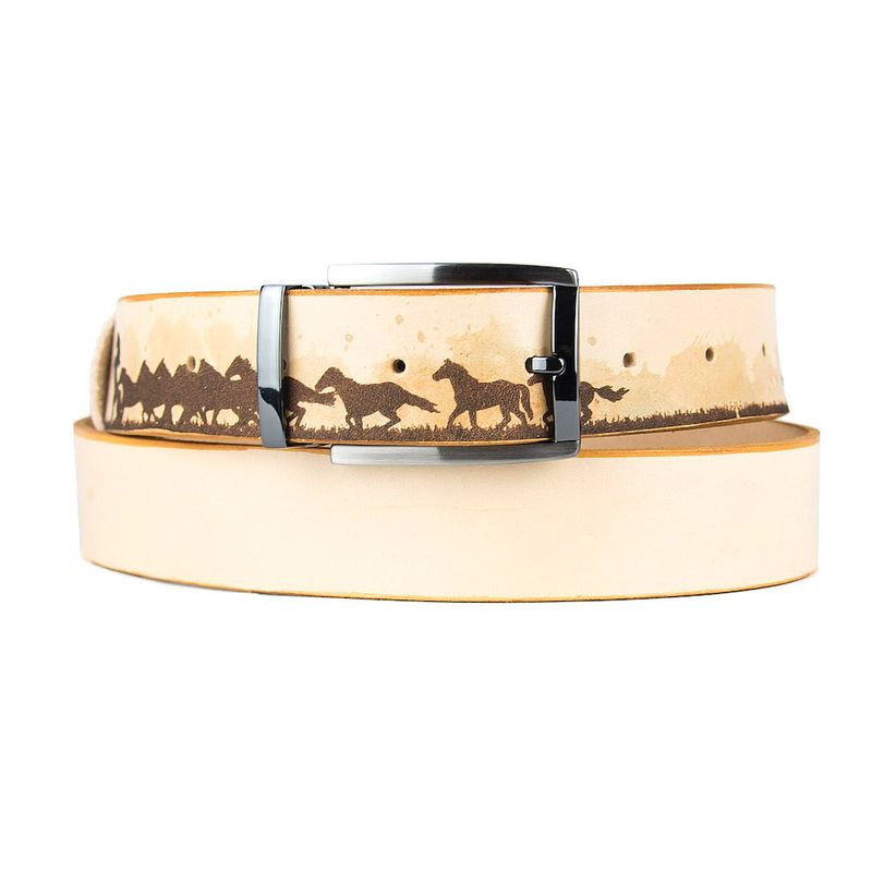 Maľovaný a gravírovaný kožený opasok – Kone, 139 cm, Limitovaná edícia 03