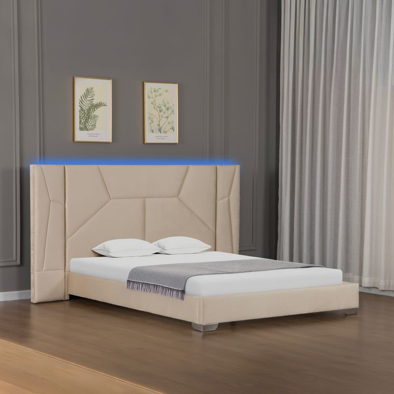 Posteľ s roštom a LED osvetlením, 160×200, béžová Velvet látka