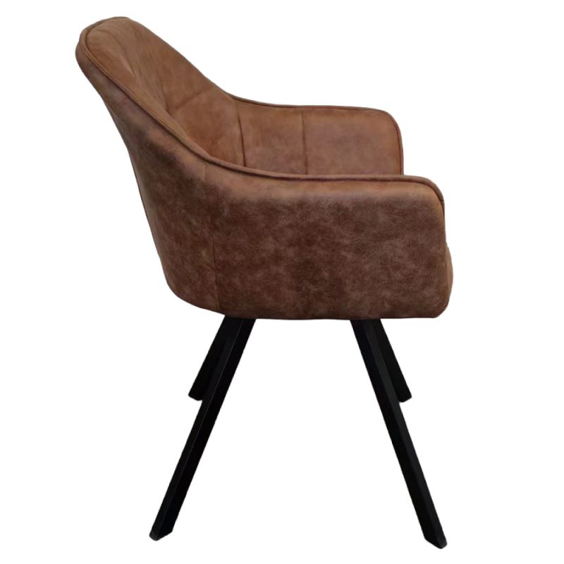 Pohodlné otočné prešívané jedálenské kreslo, tmavohnedá látka, kov čierny