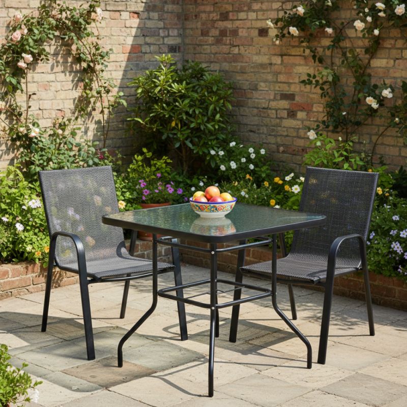 Záhradný jedálenský stôl, 80×80cm, tvrdené sklo, oceľ