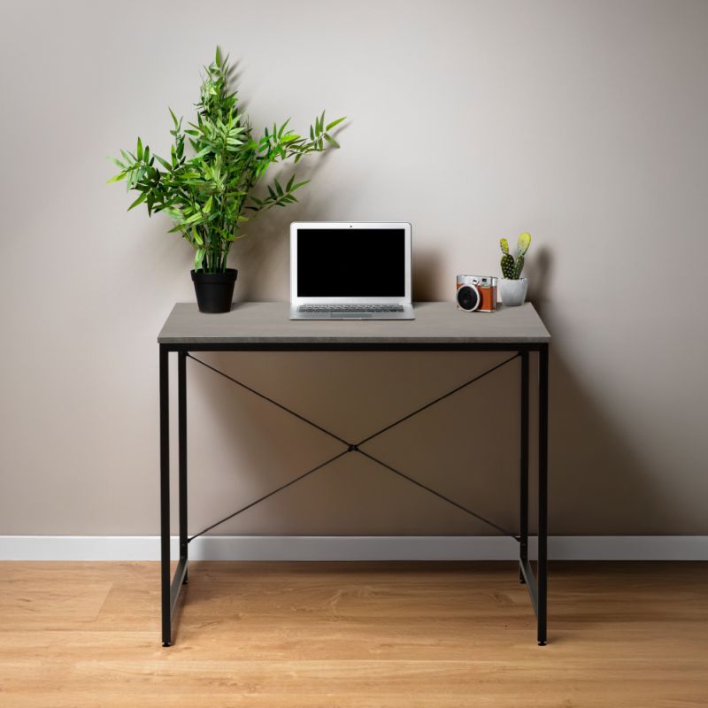 Písací stôl s kovovou konštrukciou, betón, čierny, 90x60 cm