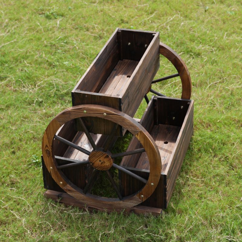 Drevený kvetináč z masívu, hnedý, v štýle vidieckeho voza