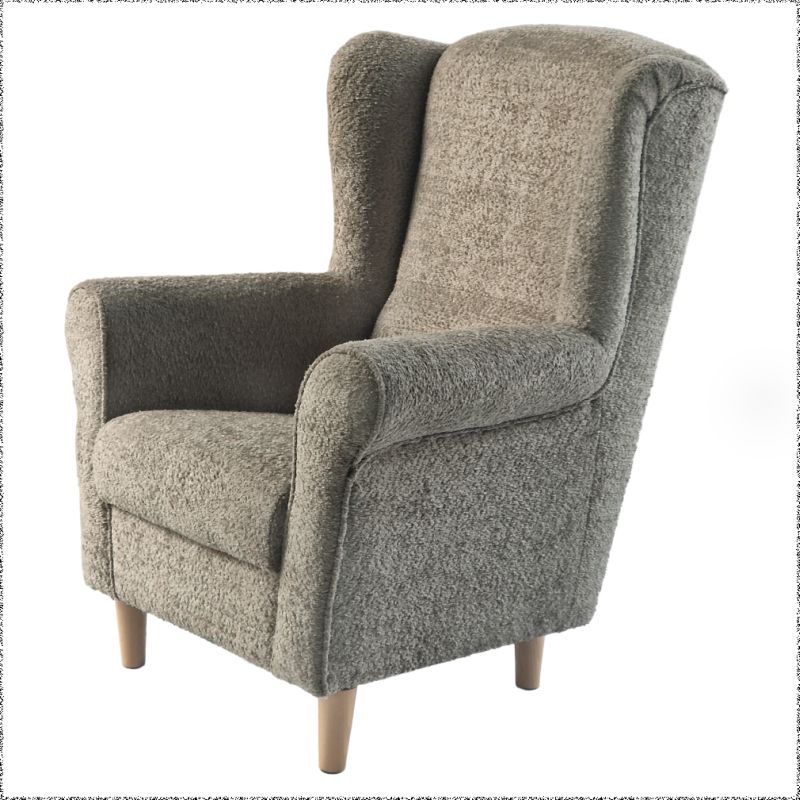 Dizajnové kreslo ušiak, sivobéžová Taupe Bouclé, drevené nohy
