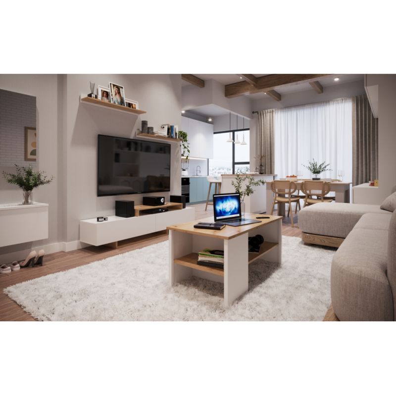 Moderná obývacia stena, biela, dub artisan