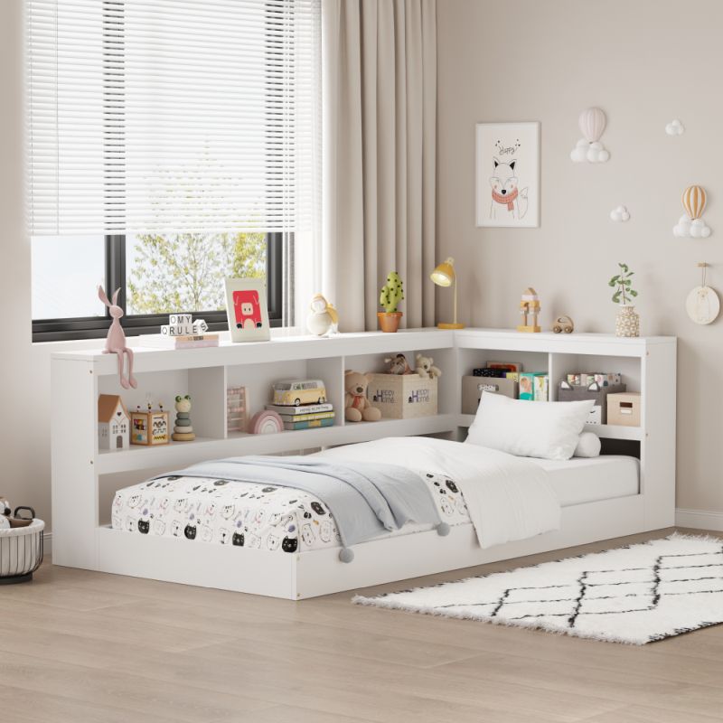 Posteľ 90x200, s roštom a regálom, biela, borovicové drevo