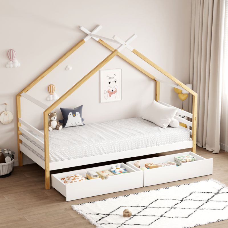 Montessori posteľ, 90x200, domček, biela, hnedá