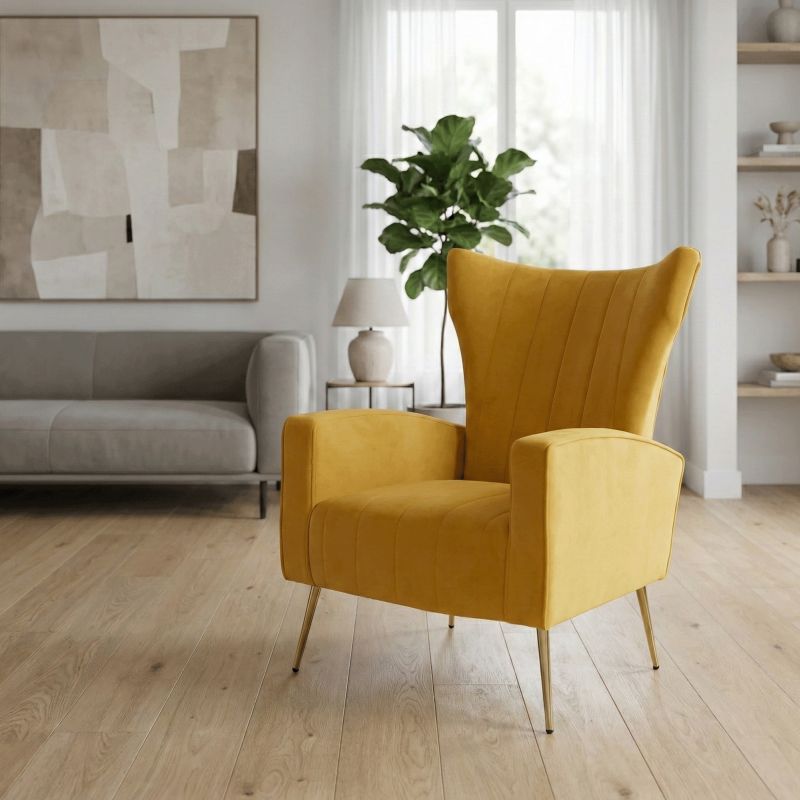 Nadčasové relaxačné kreslo, žltá Velvet látka, zlaté nohy
