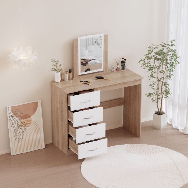 Toaletný stolík, biely, dub sonoma, so zrkadlom a zásuvkami