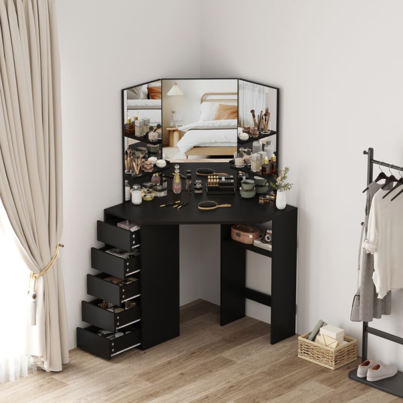 Rohový toaletný stolík, čierny, trojdielne zrkadlo