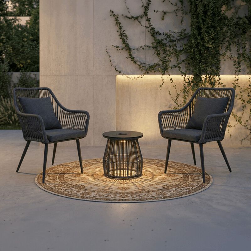 Záhradný set 1+2, sivý, polyratan, látka, solárne podsvietenie