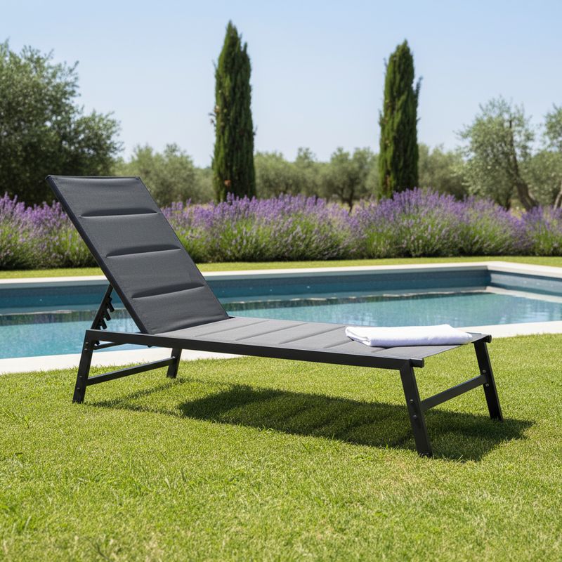 Polohovacie záhradné lehátko, čierne, kov, látka
