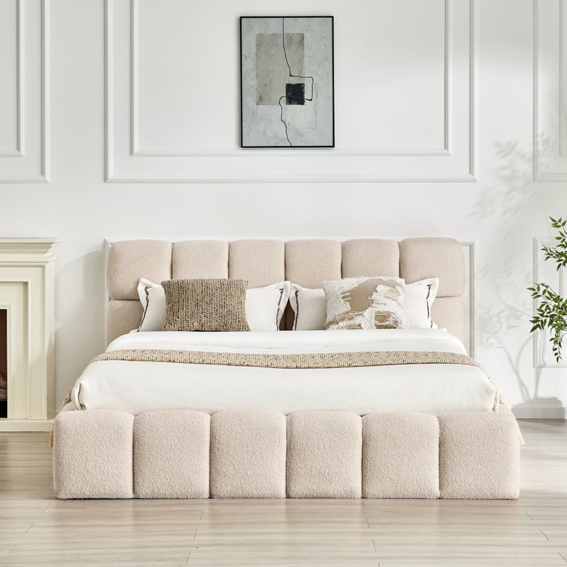 Manželská posteľ 160 s úložným priestorom, roštom a čalúneným čelom, béžová Bouclé látka