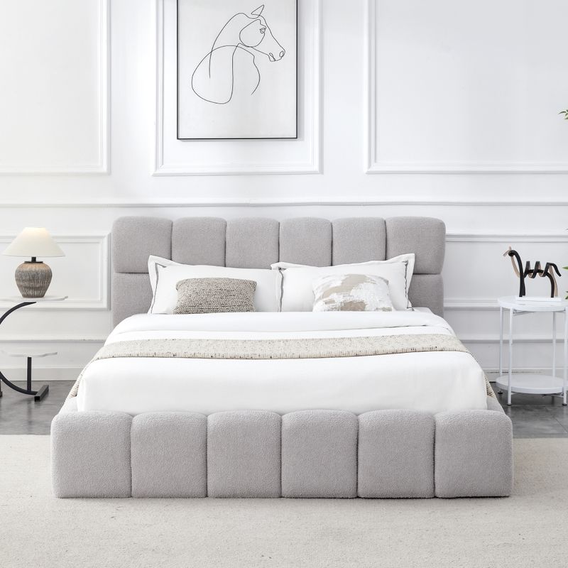 Manželská posteľ 160 s úložným priestorom, roštom a čalúneným čelom, sivá Bouclé látka