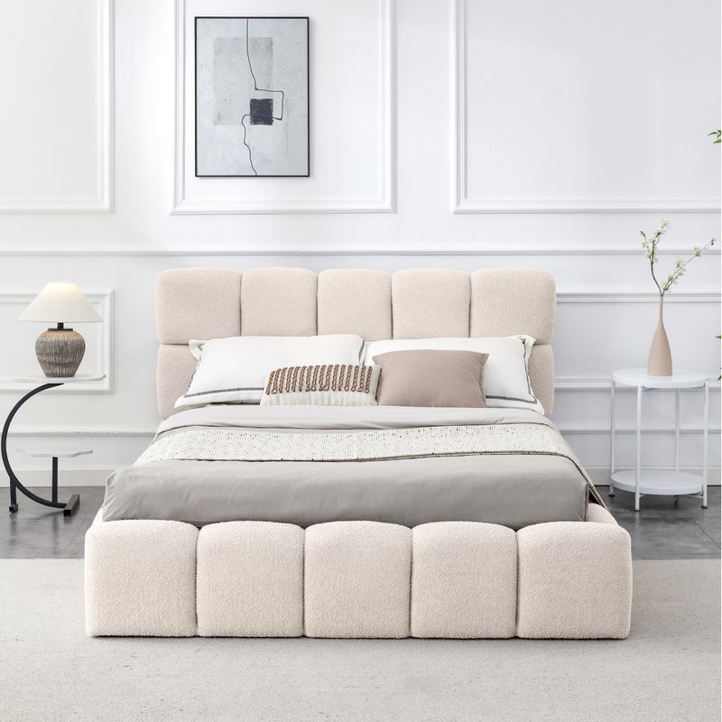 Posteľ 140 s roštom a úložným priestorom, béžová látka Bouclé
