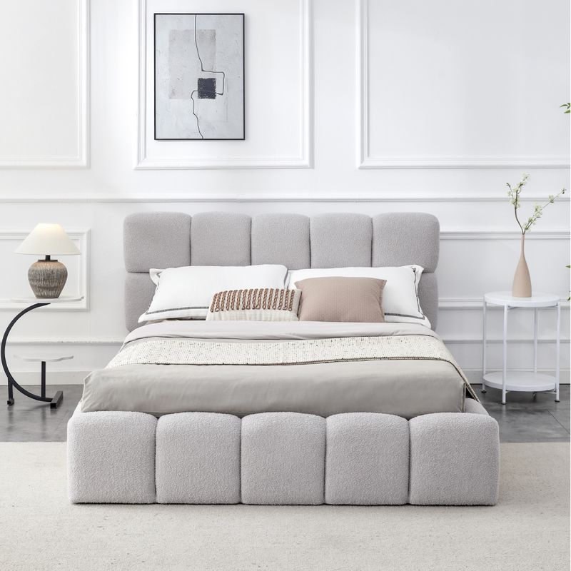 Posteľ 140 s roštom a úložným priestorom, sivá látka Bouclé