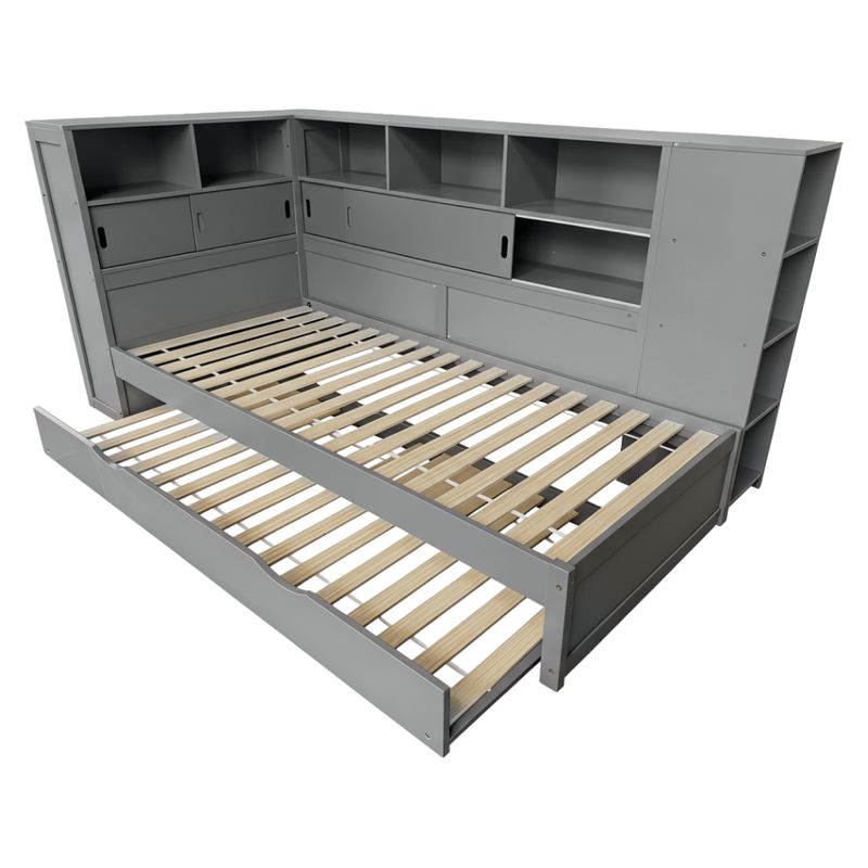 Posteľ 90x200 s prístelkou, regálom a úložným priestorom, sivá