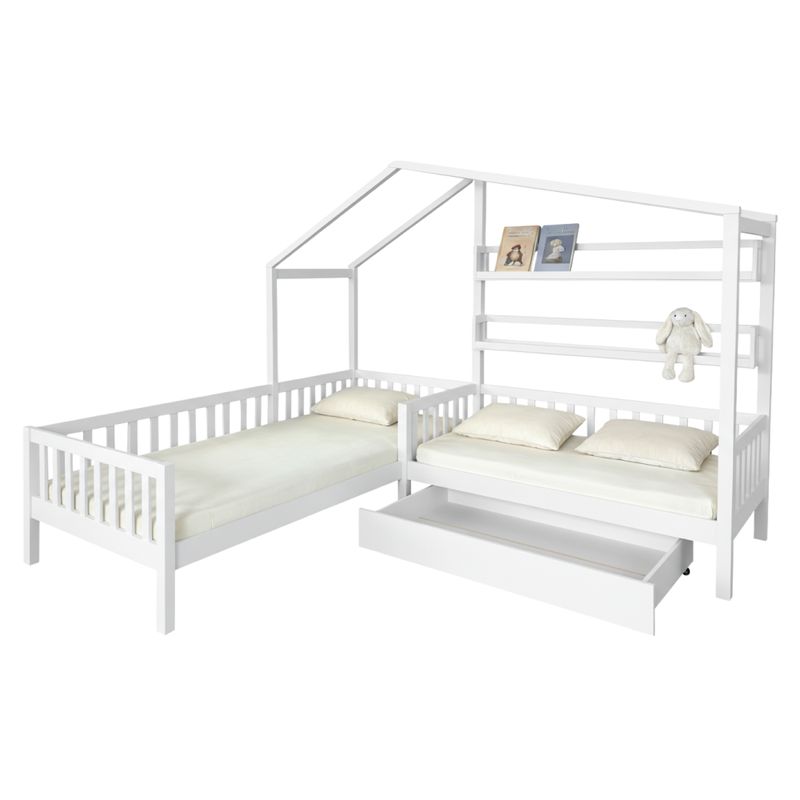 Montessori posteľ pre 2 deti 90x200 + 70x140 s roštom, biela