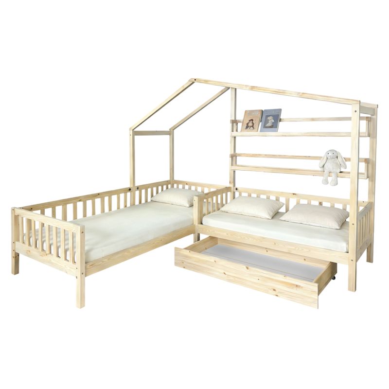 Montessori posteľ pre 2 deti 90x200 + 70x140 s roštom, prírodná