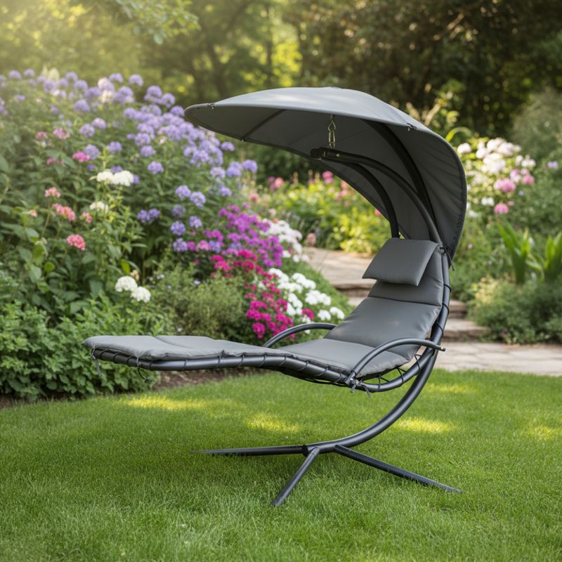 Záhradné hojdacie kreslo, sivá látka, čierny kov