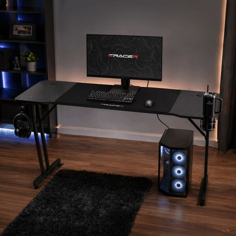 Moderný herný stôl 140x60, čierny carbon s kovovou podnožou