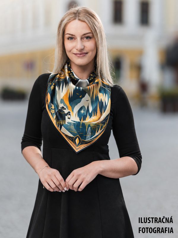 Hodvábna šatka DEMÄNOVSKÁ JASKYŇA SLOBODY – MODRÁ, 100 % prírodný hodváb, 90 × 90 cm