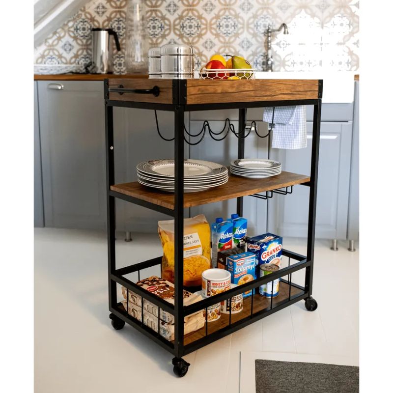 Servírovací vozík, dub smoke/čierna